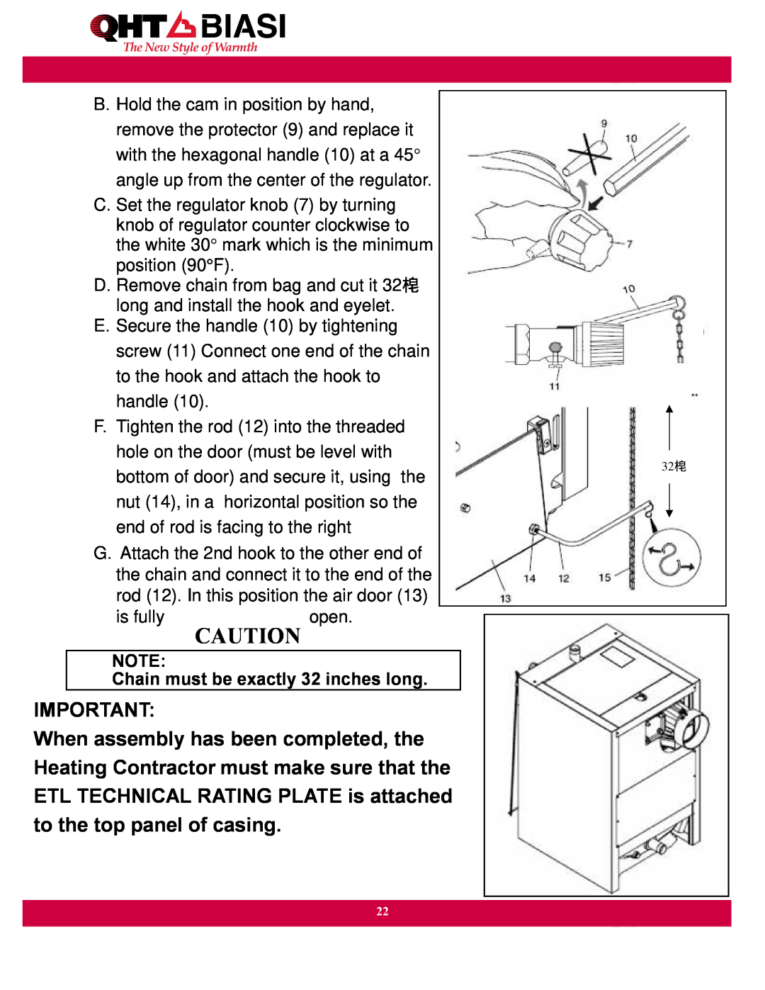 QHT Boiler manual Chain must be exactly 32 inches long 