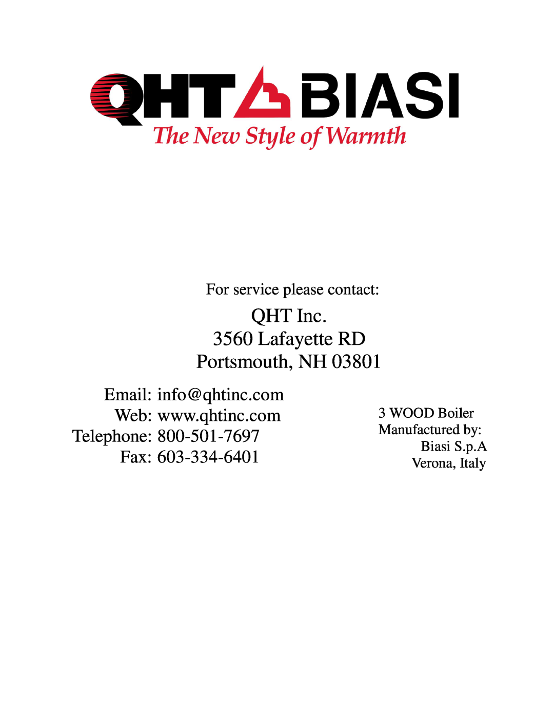 QHT Boiler manual For service please contact, QHT Inc 3560 Lafayette RD Portsmouth, NH, Telephone 800-501-7697Fax 