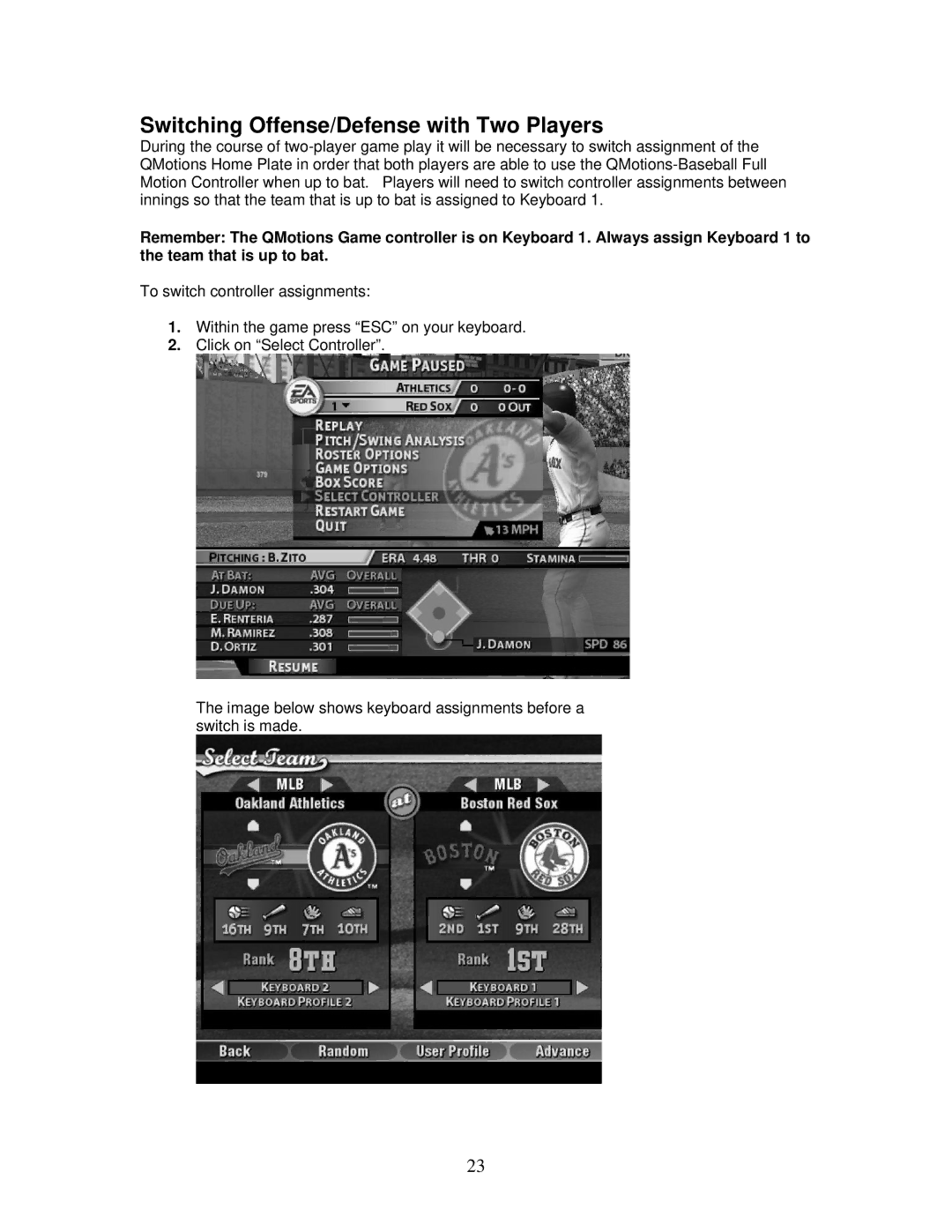 QMotions Baseball game manual Switching Offense/Defense with Two Players 