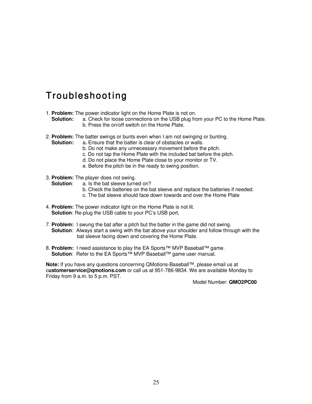 QMotions Baseball game manual Troubleshooting 