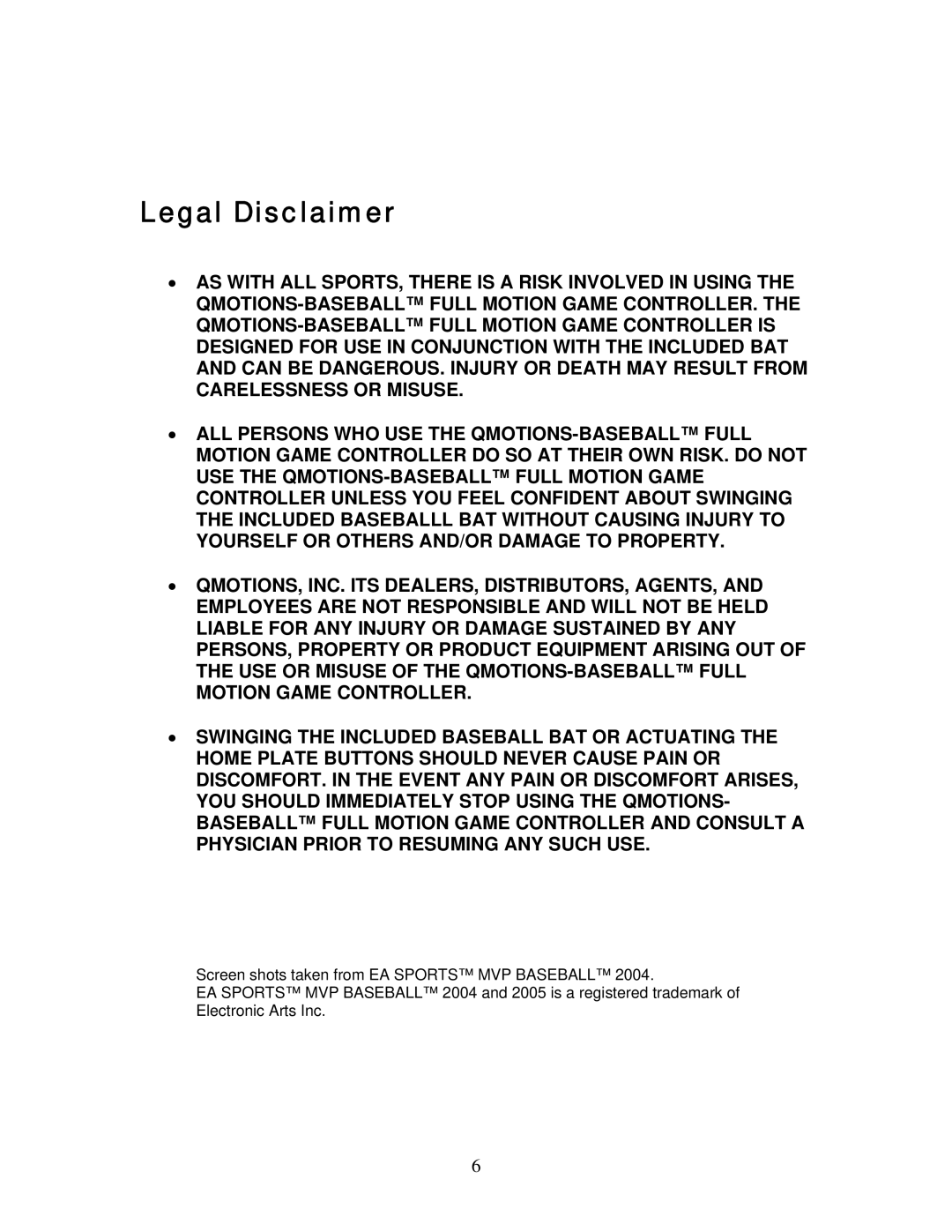 QMotions Baseball game manual Legal Disclaimer 