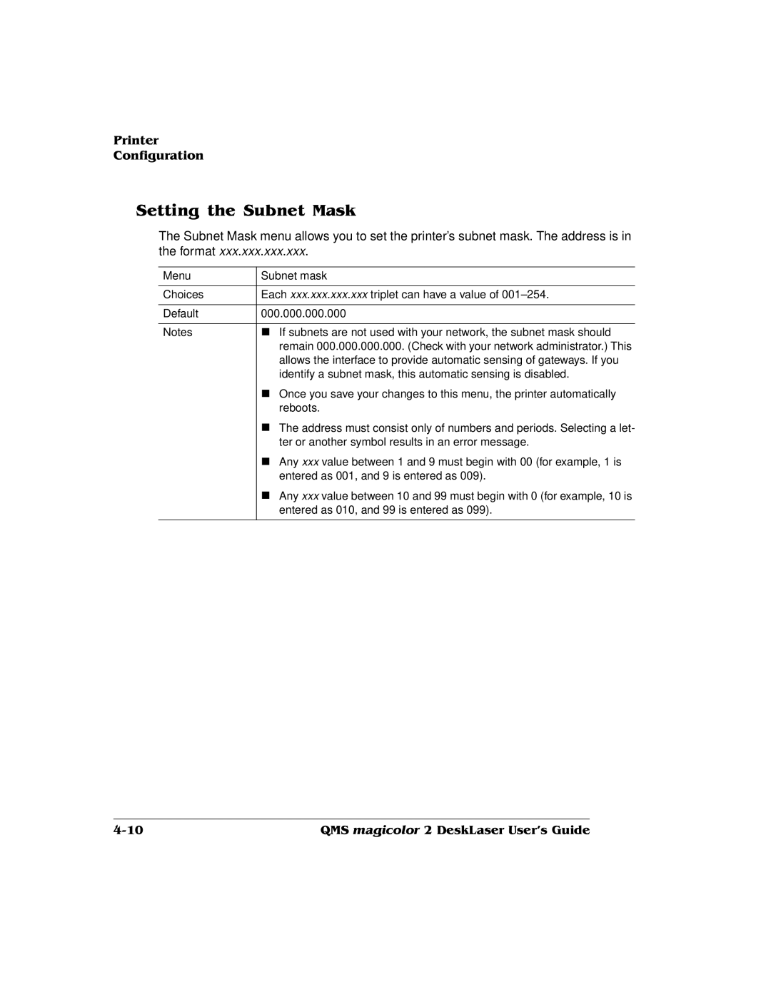 QMS 1800486-001C, QMS magicolor 2 DeskLaser manual Identify a subnet mask, this automatic sensing is disabled 