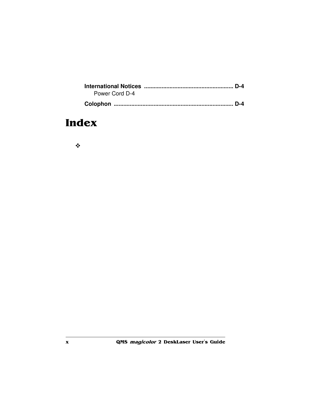 QMS 1800486-001C, QMS magicolor 2 DeskLaser manual International Notices Power Cord D-4 Colophon 