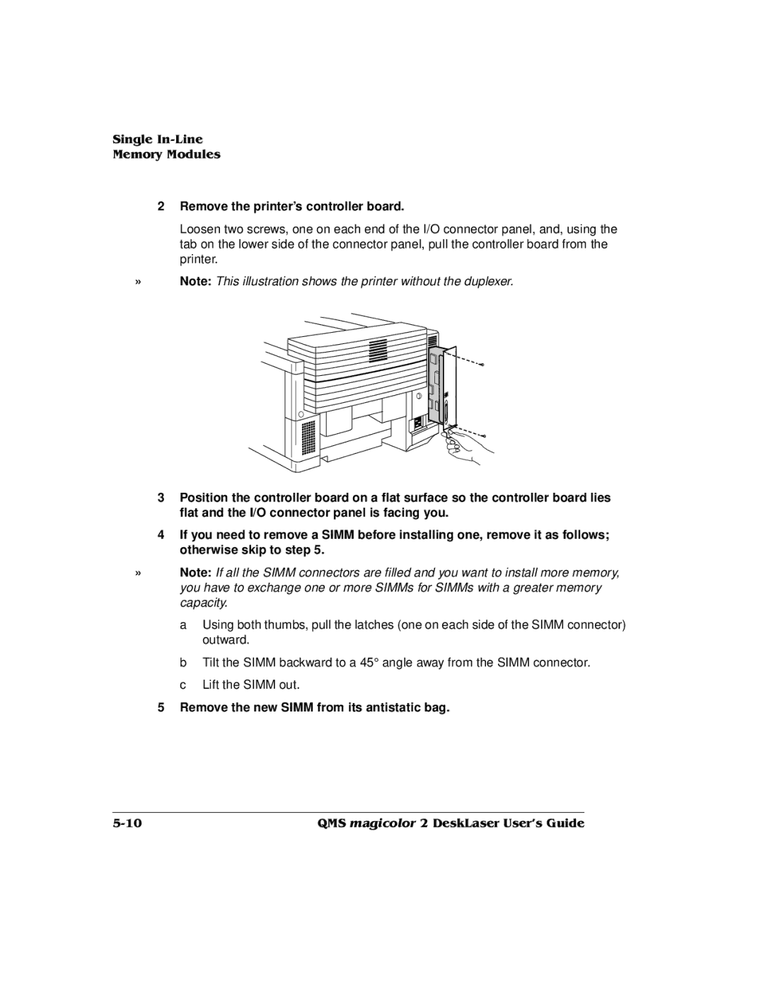 QMS 1800486-001C manual Remove the printer’s controller board, Remove the new Simm from its antistatic bag 