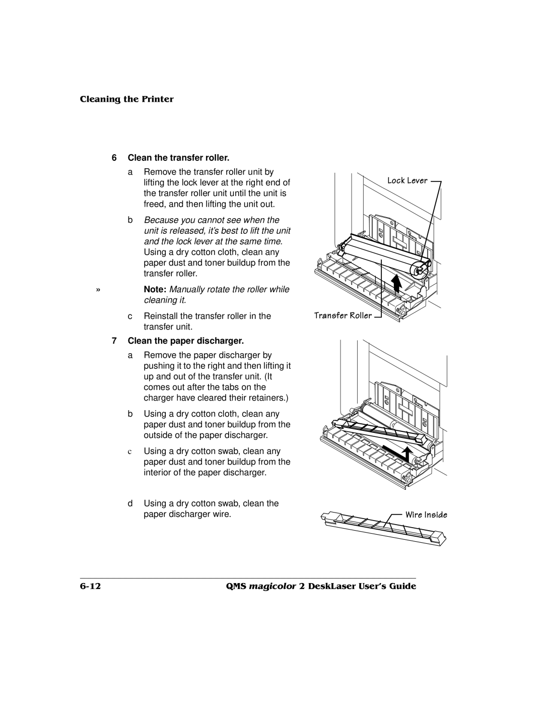 QMS 1800486-001C, QMS magicolor 2 DeskLaser manual Clean the transfer roller, Clean the paper discharger 