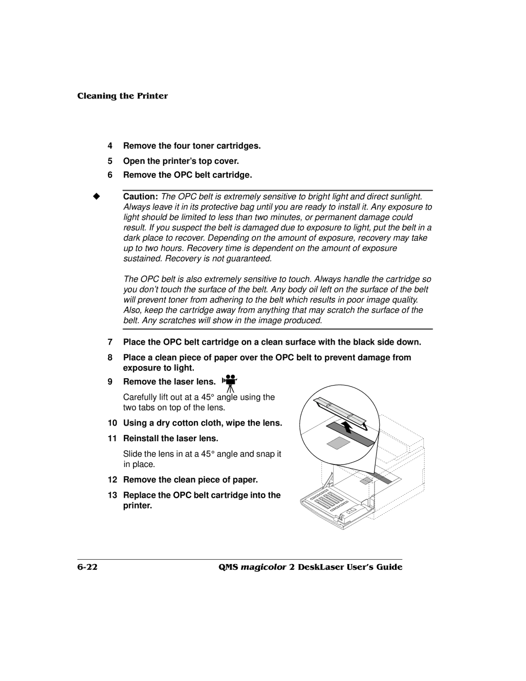 QMS 1800486-001C, QMS magicolor 2 DeskLaser manual Slide the lens in at a 45 angle and snap it in place 