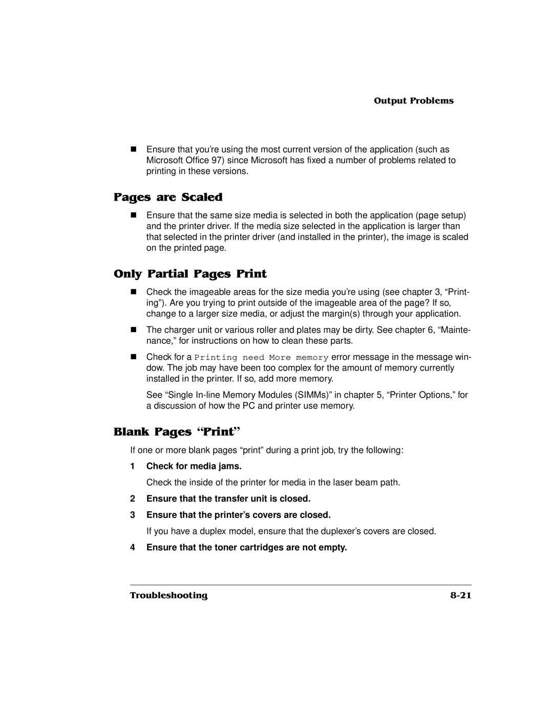 QMS QMS magicolor 2 DeskLaser, 1800486-001C manual Check for media jams, Ensure that the toner cartridges are not empty 