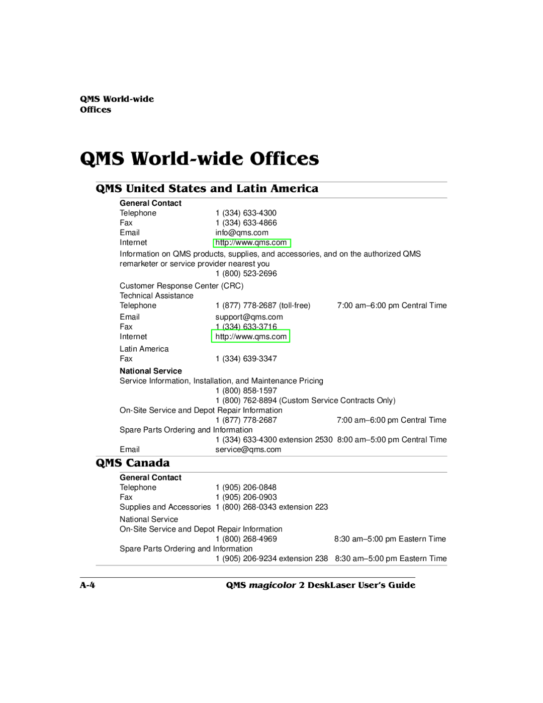 QMS 1800486-001C, QMS magicolor 2 DeskLaser manual General Contact, National Service 