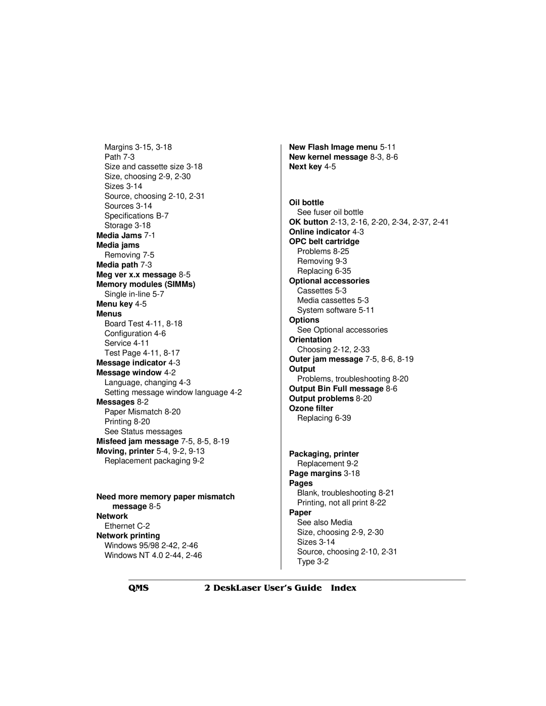 QMS QMS magicolor 2 DeskLaser Media Jams Media jams, Media path Meg ver x.x message Memory modules SIMMs, Menu key Menus 