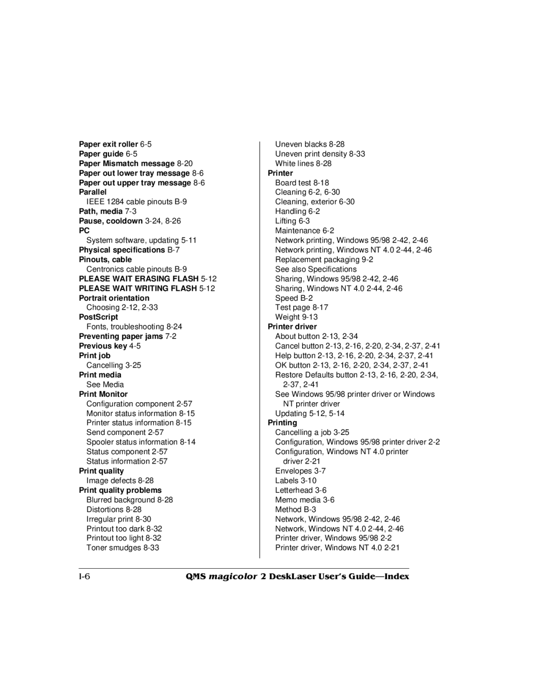 QMS 1800486-001C Pause, cooldown 3-24,8-26, Pinouts, cable, Portrait orientation Choosing 2-12,2-33 PostScript, Printer 