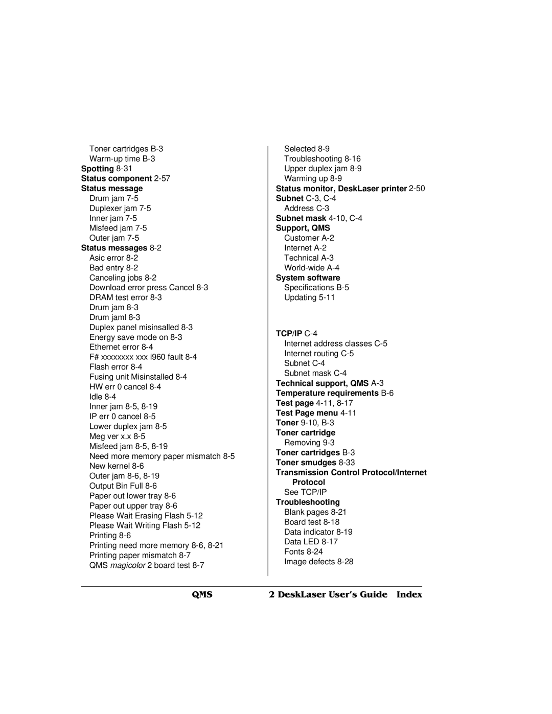 QMS 1800486-001C Status monitor, DeskLaser printer 2-50Subnet C-3,C-4, Subnet mask 4-10,C-4 Support, QMS, Troubleshooting 