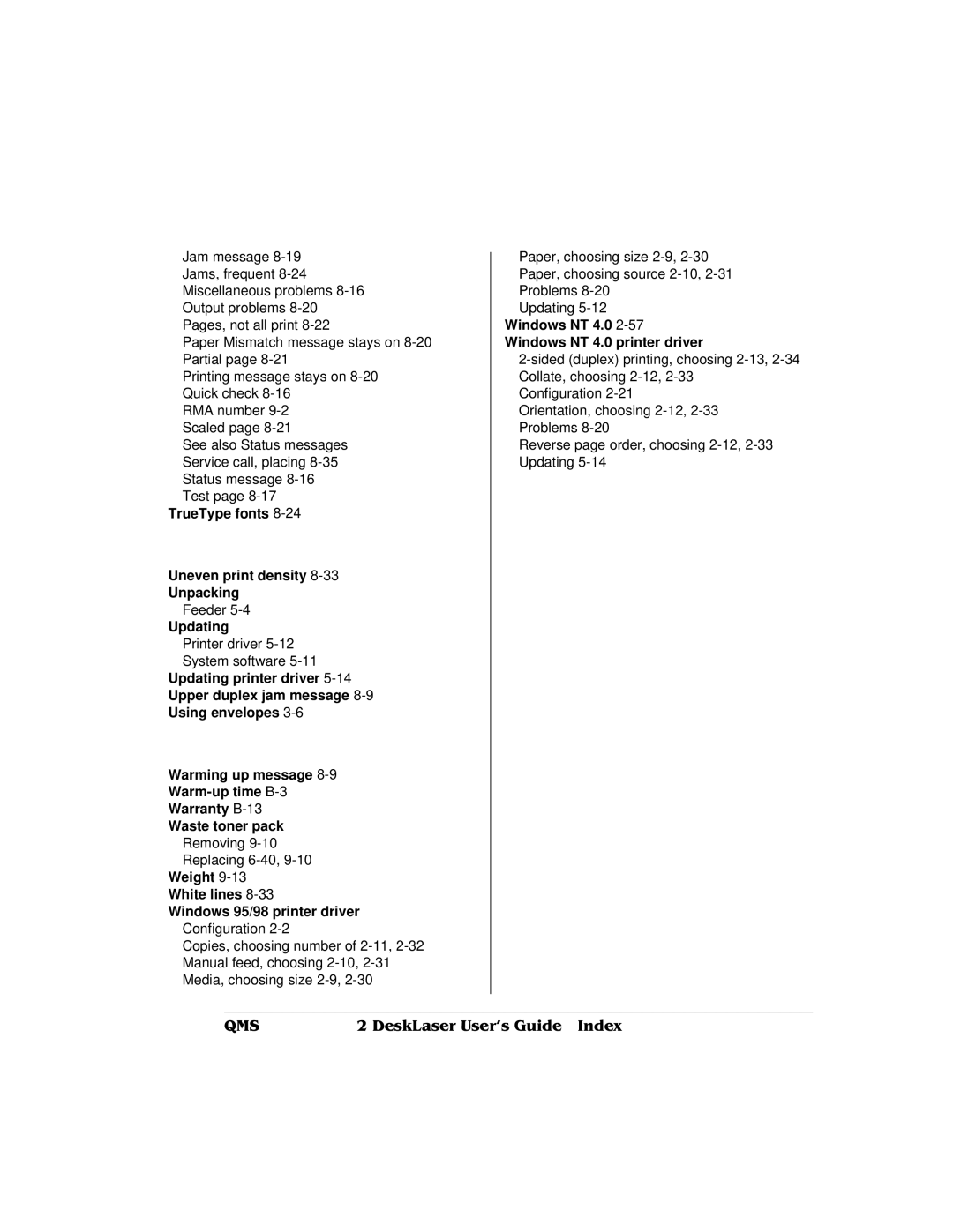 QMS QMS magicolor 2 DeskLaser, 1800486-001C manual TrueType fonts Uneven print density Unpacking, Updating 