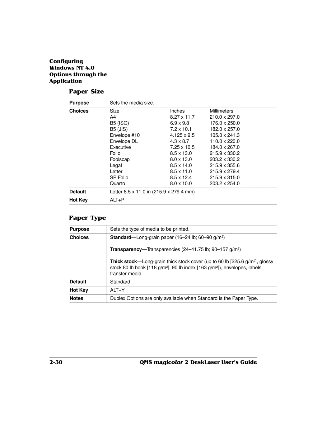 QMS 1800486-001C, QMS magicolor 2 DeskLaser manual Standard-Long-grain paper 16-24 lb 60-90 g/m² 