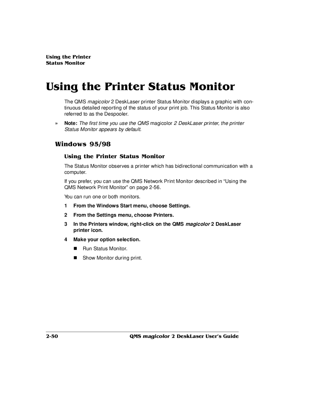 QMS 1800486-001C, QMS magicolor 2 DeskLaser manual Run Status Monitor Show Monitor during print 