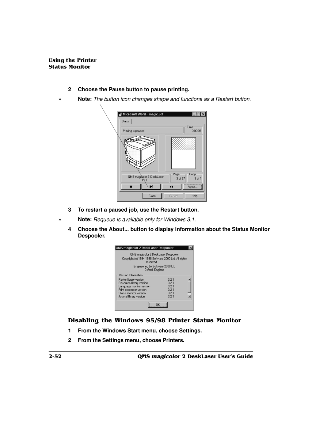 QMS 1800486-001C manual Choose the Pause button to pause printing, To restart a paused job, use the Restart button 