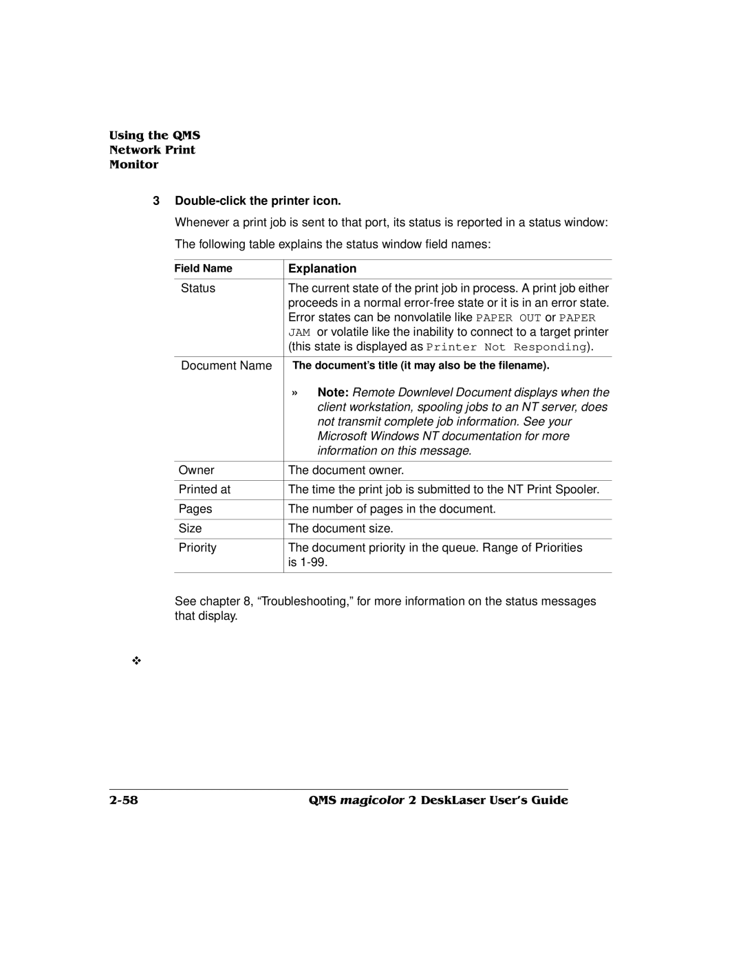 QMS 1800486-001C Double-click the printer icon, Explanation, Field Name, Document’s title it may also be the filename 