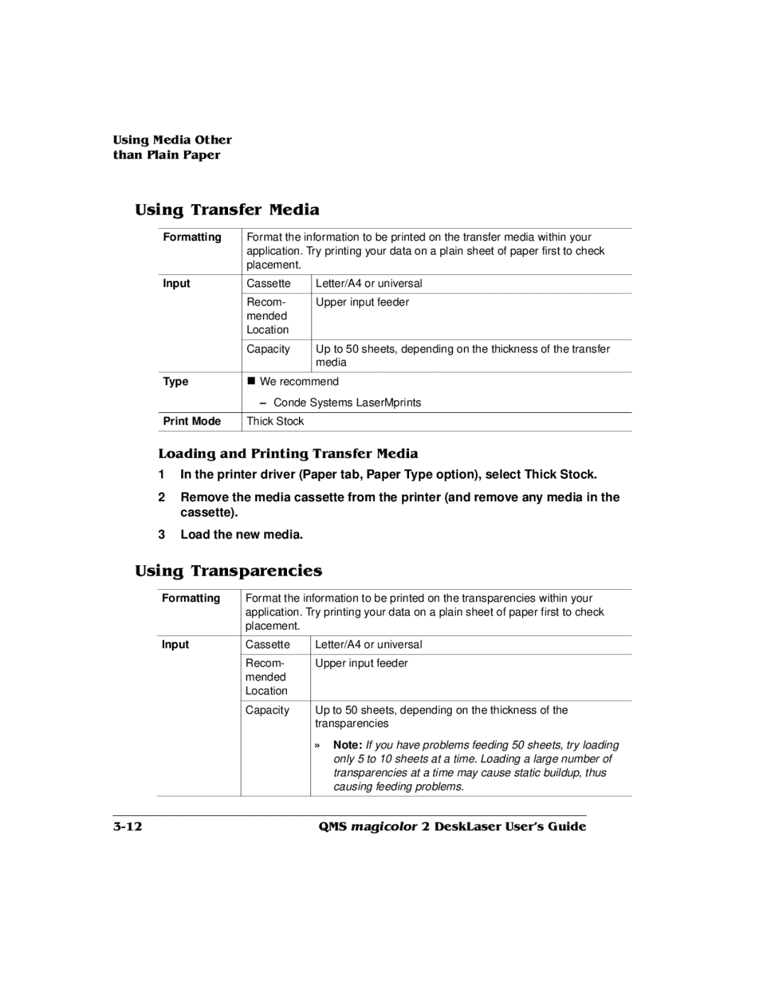 QMS 1800486-001C, QMS magicolor 2 DeskLaser manual » Note If you have problems feeding 50 sheets, try loading 