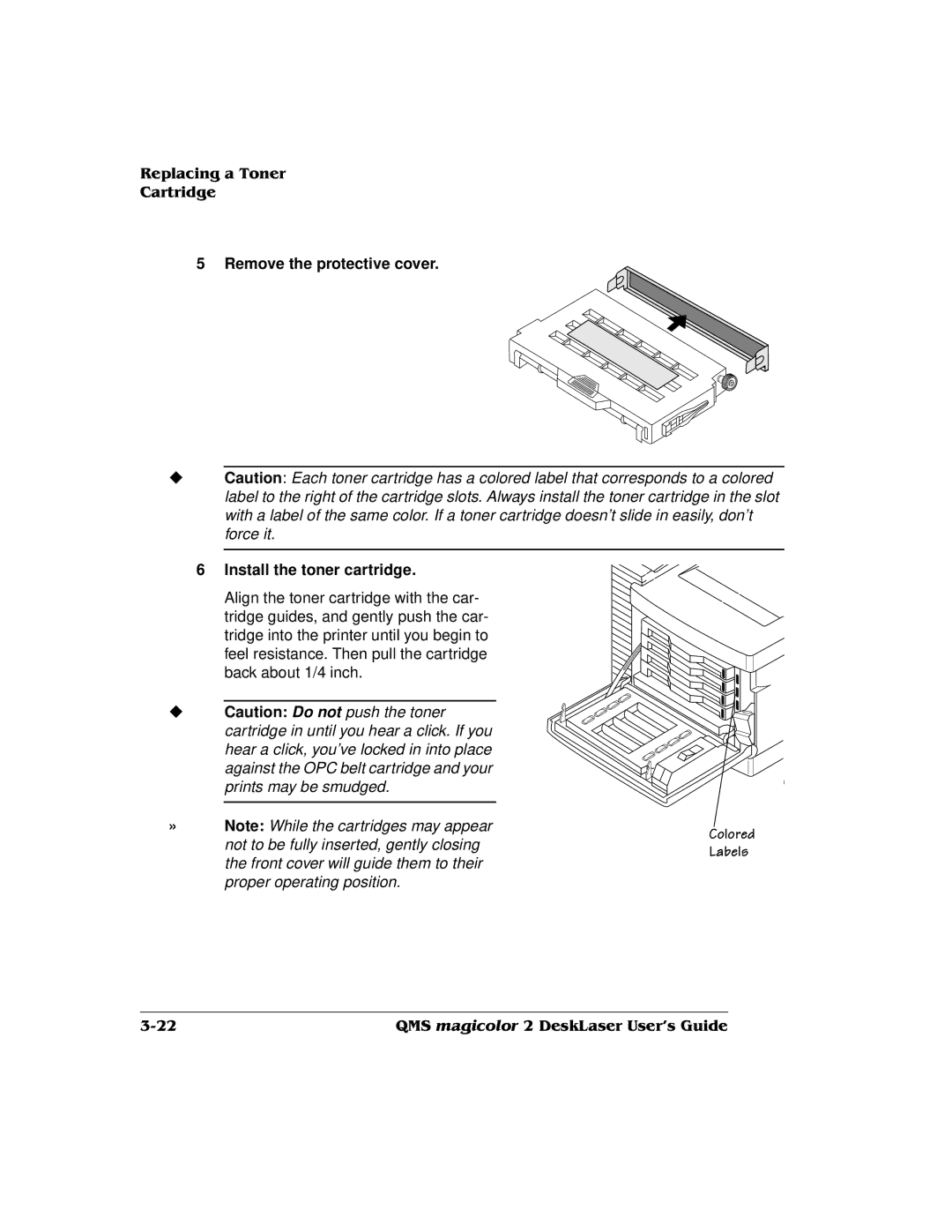 QMS 1800486-001C, QMS magicolor 2 DeskLaser manual Remove the protective cover Install the toner cartridge 