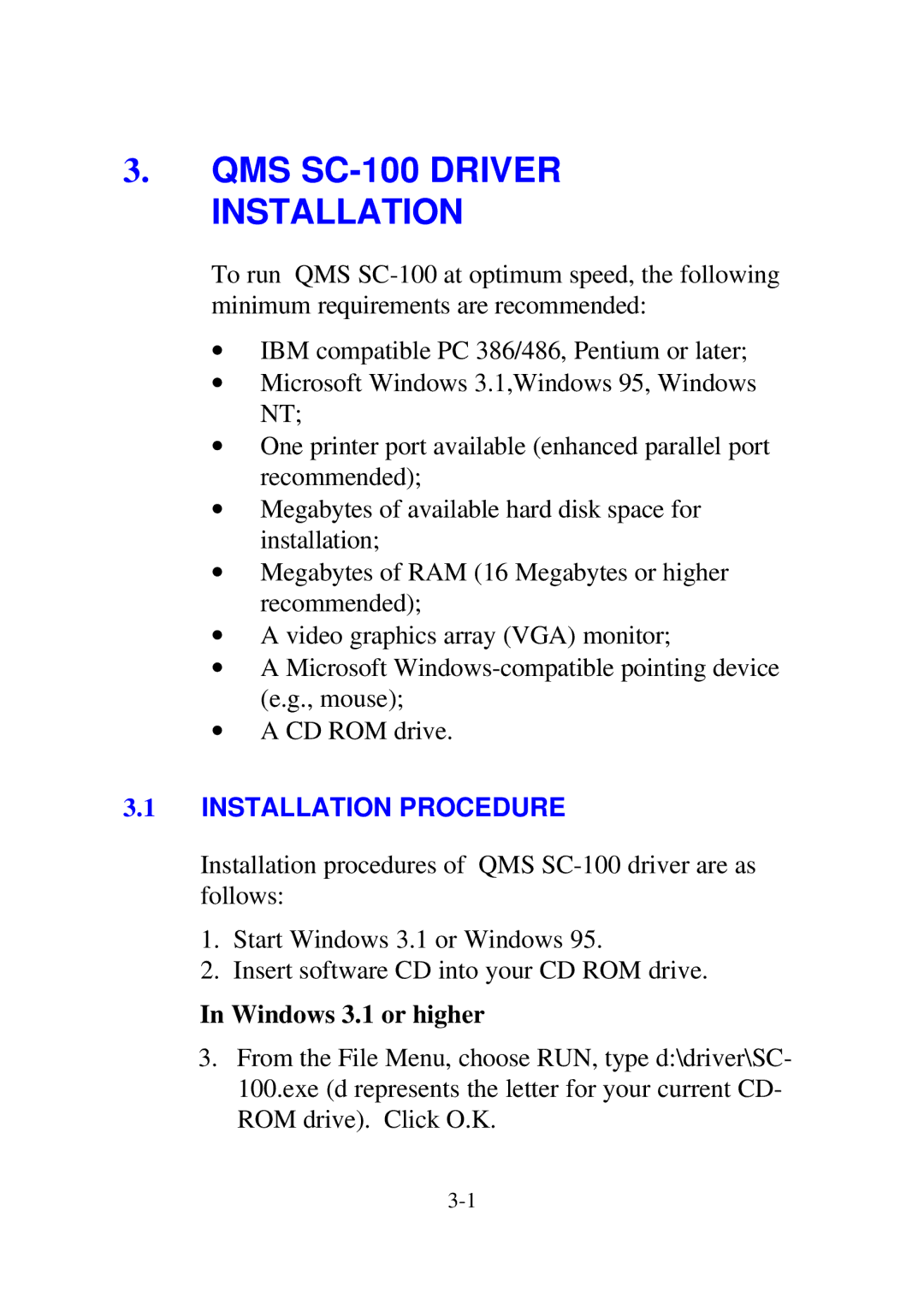 QMS user manual QMS SC-100 Driver Installation, Installation Procedure, Windows 3.1 or higher 