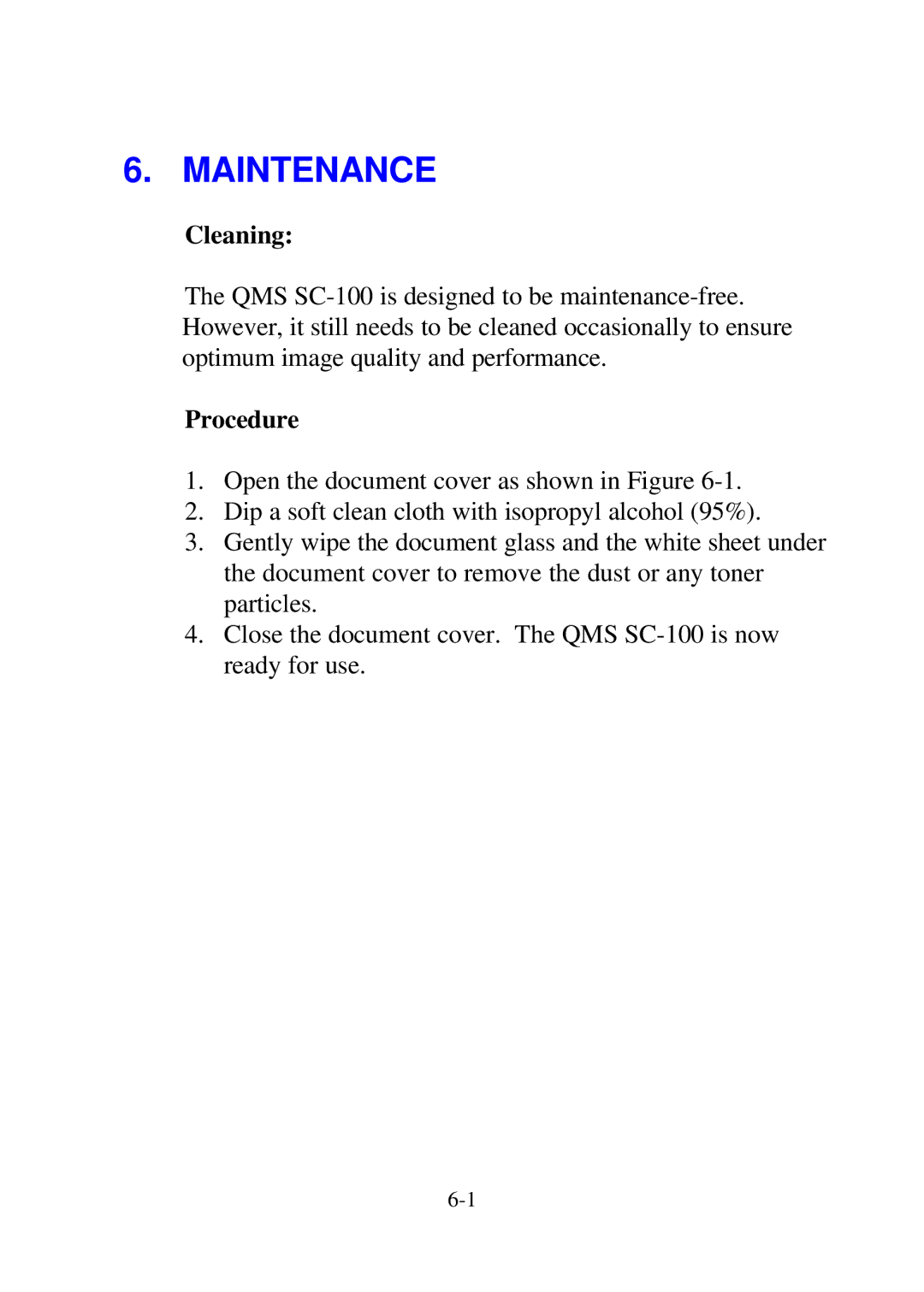 QMS SC-100 user manual Maintenance, Cleaning, Procedure 