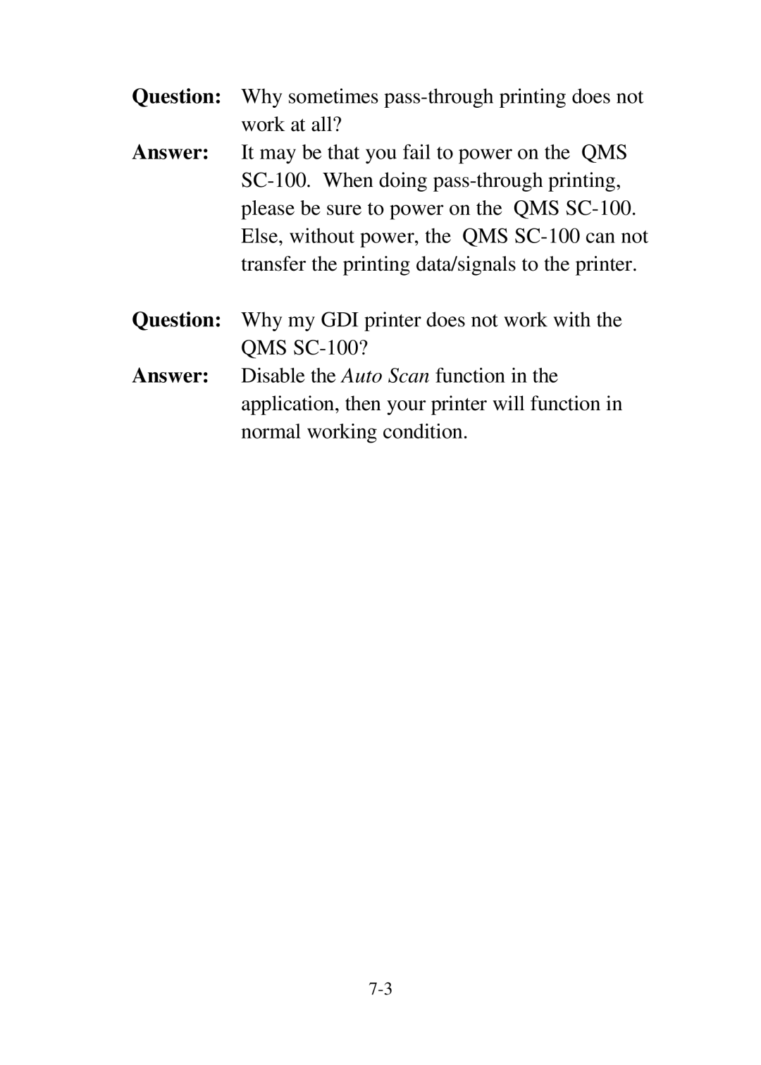 QMS SC-100 user manual 