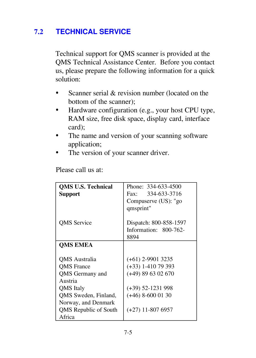 QMS SC-100 user manual Technical Service, QMS Emea 