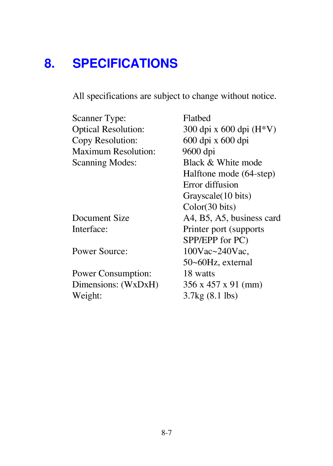 QMS SC-100 user manual Specifications 