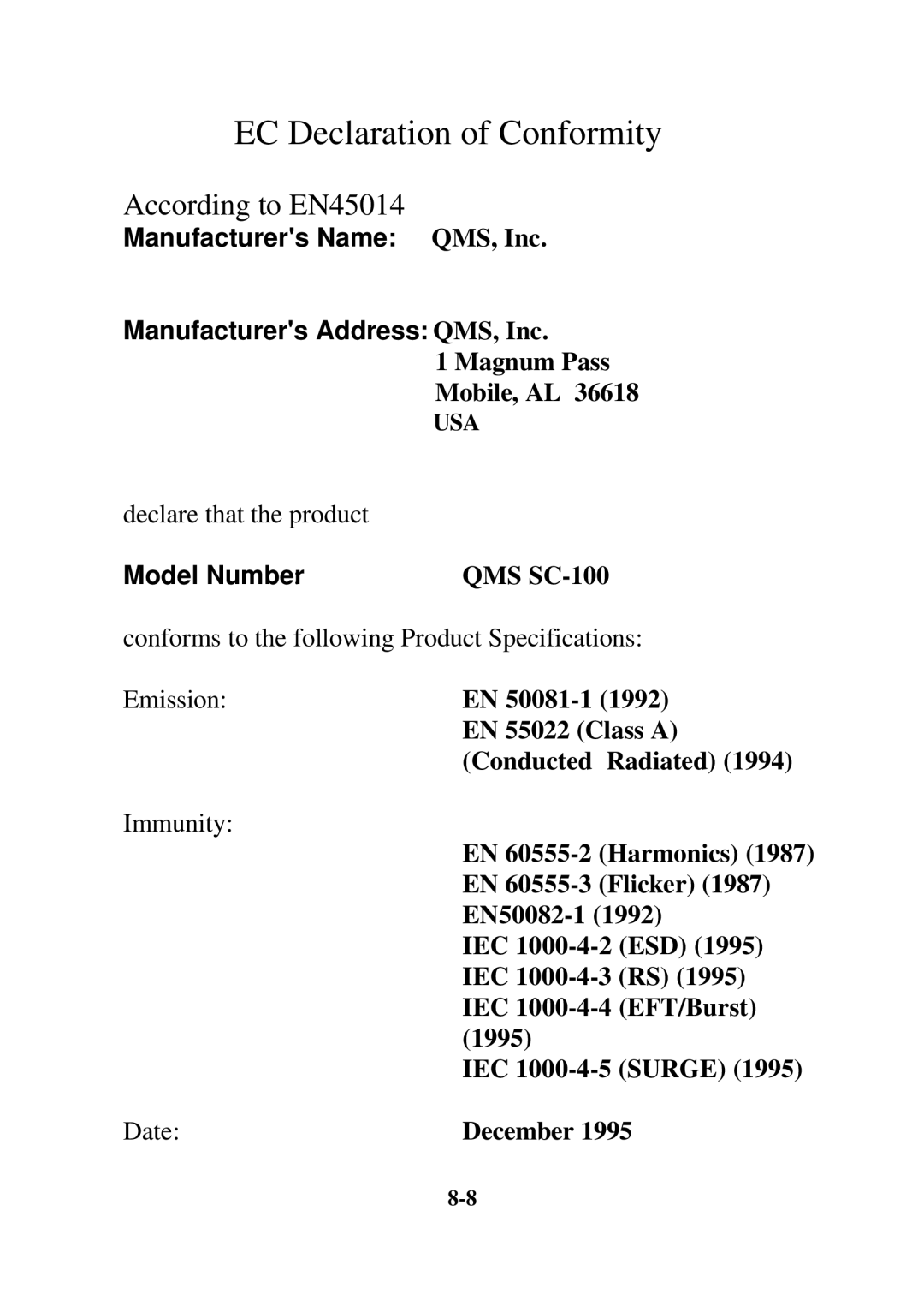 QMS SC-100 user manual EC Declaration of Conformity 