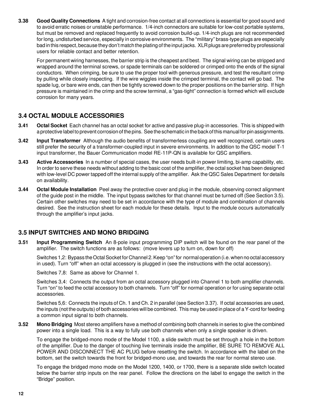 QSC Audio 1100, 1400, 1700, 1200 owner manual Octal Module Accessories, Input Switches and Mono Bridging 