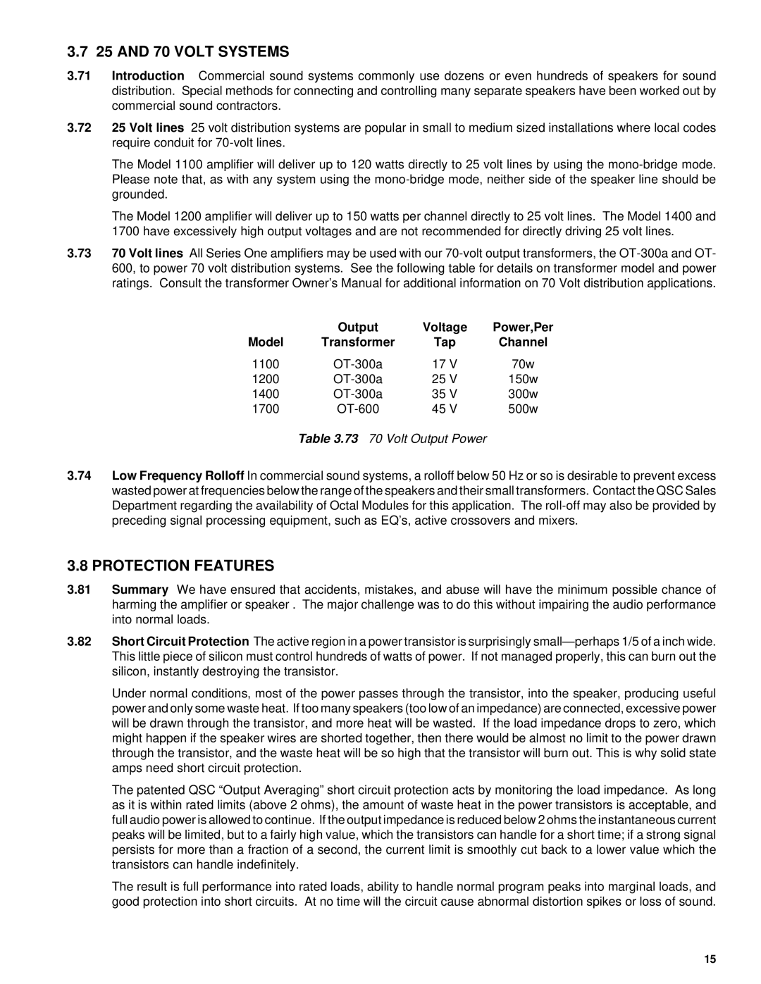 QSC Audio 1200, 1100, 1400, 1700 and 70 Volt Systems, Protection Features, Transformer Tap, 73 70 Volt Output Power 