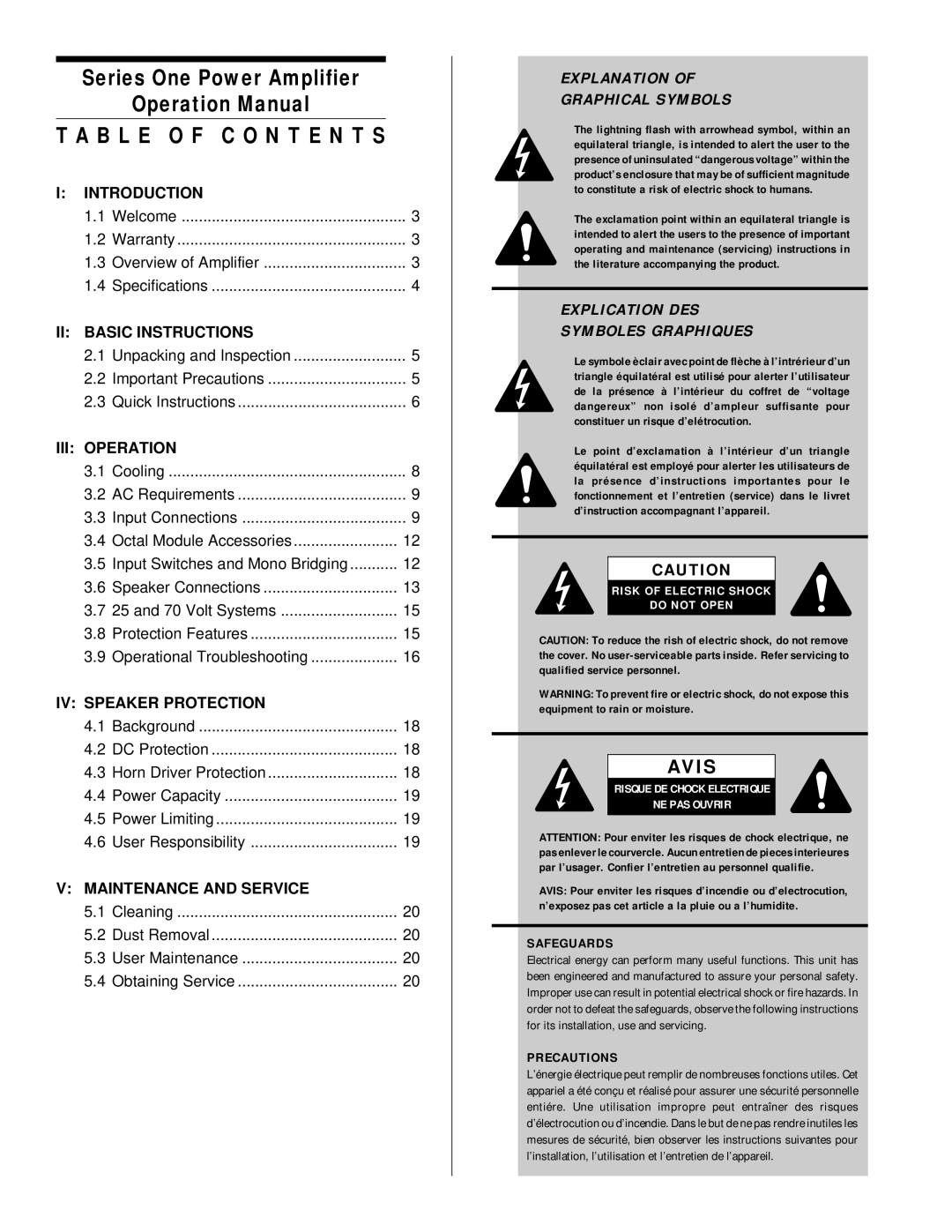 QSC Audio 1700, 1100, 1400, 1200 owner manual B L E O F C O N T E N T S, Avis, Safeguards, Precautions 