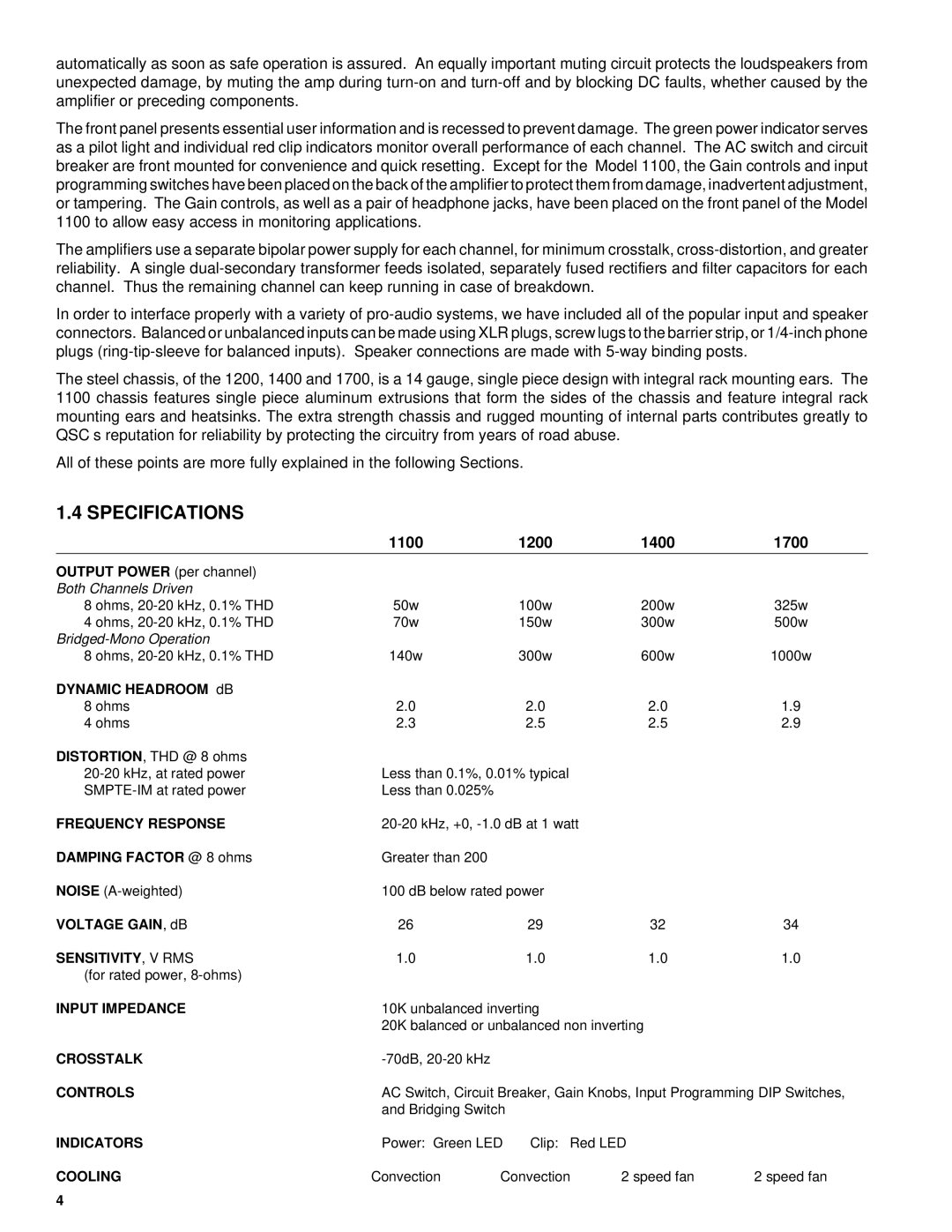 QSC Audio owner manual Specifications, 1100 1200 1400 1700, Frequency Response, Sensitivity, V Rms 