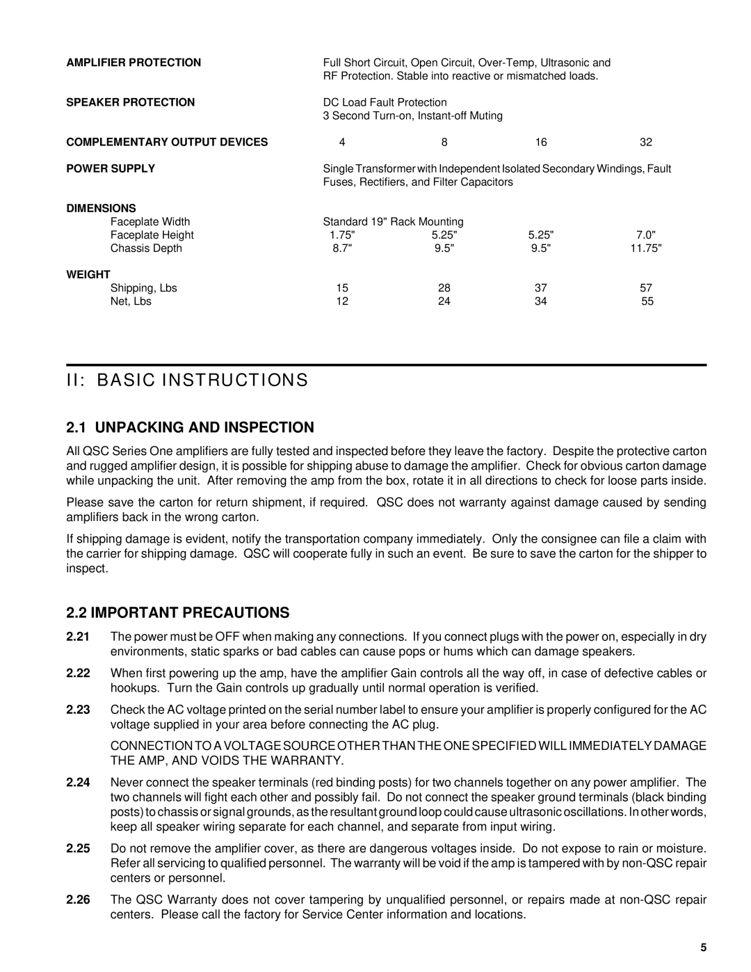 QSC Audio 1400, 1100, 1700, 1200 owner manual II Basic Instructions, Unpacking and Inspection, Important Precautions 