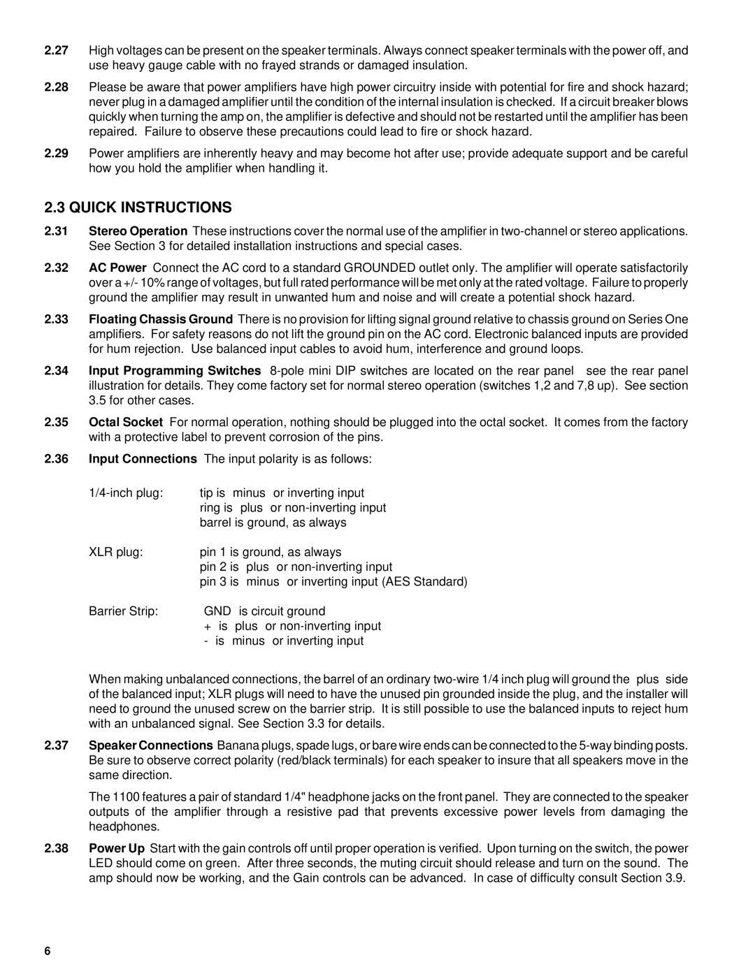 QSC Audio 1700, 1100, 1400, 1200 owner manual Quick Instructions 