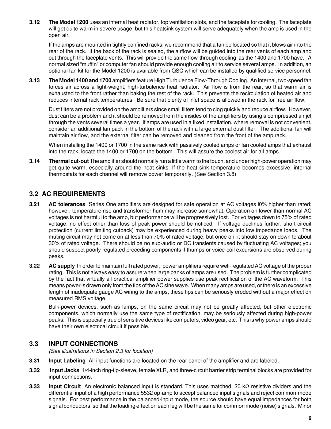 QSC Audio 1400, 1100, 1700, 1200 owner manual AC Requirements, Input Connections, See illustrations in .3 for location 