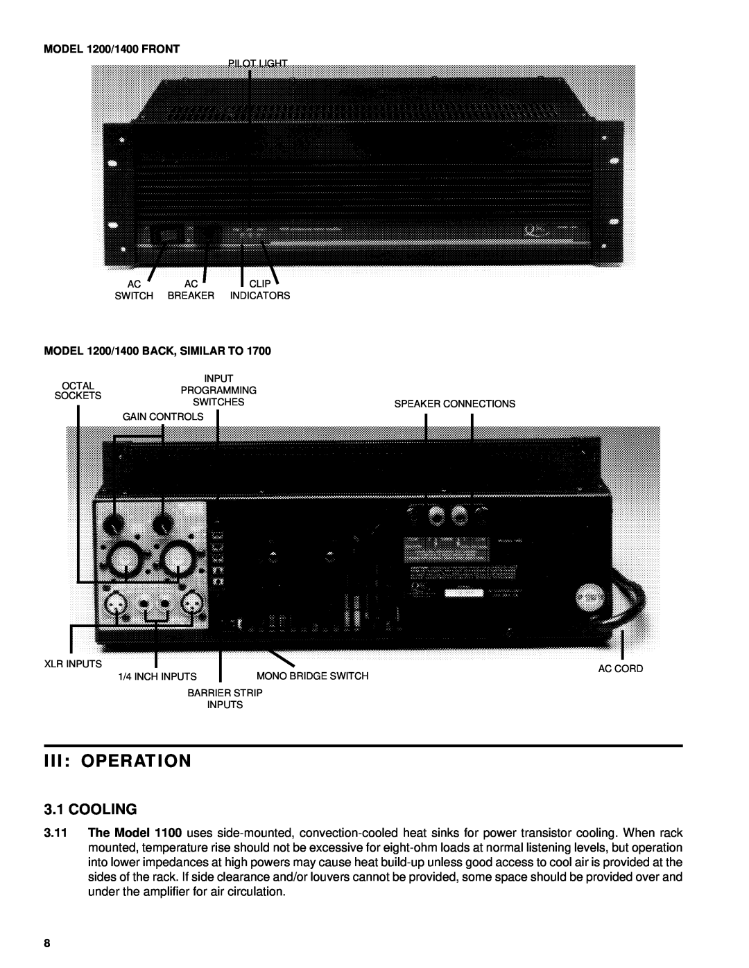 QSC Audio 1100, 1400, 1700, 1200 owner manual Iii Operation, Cooling 