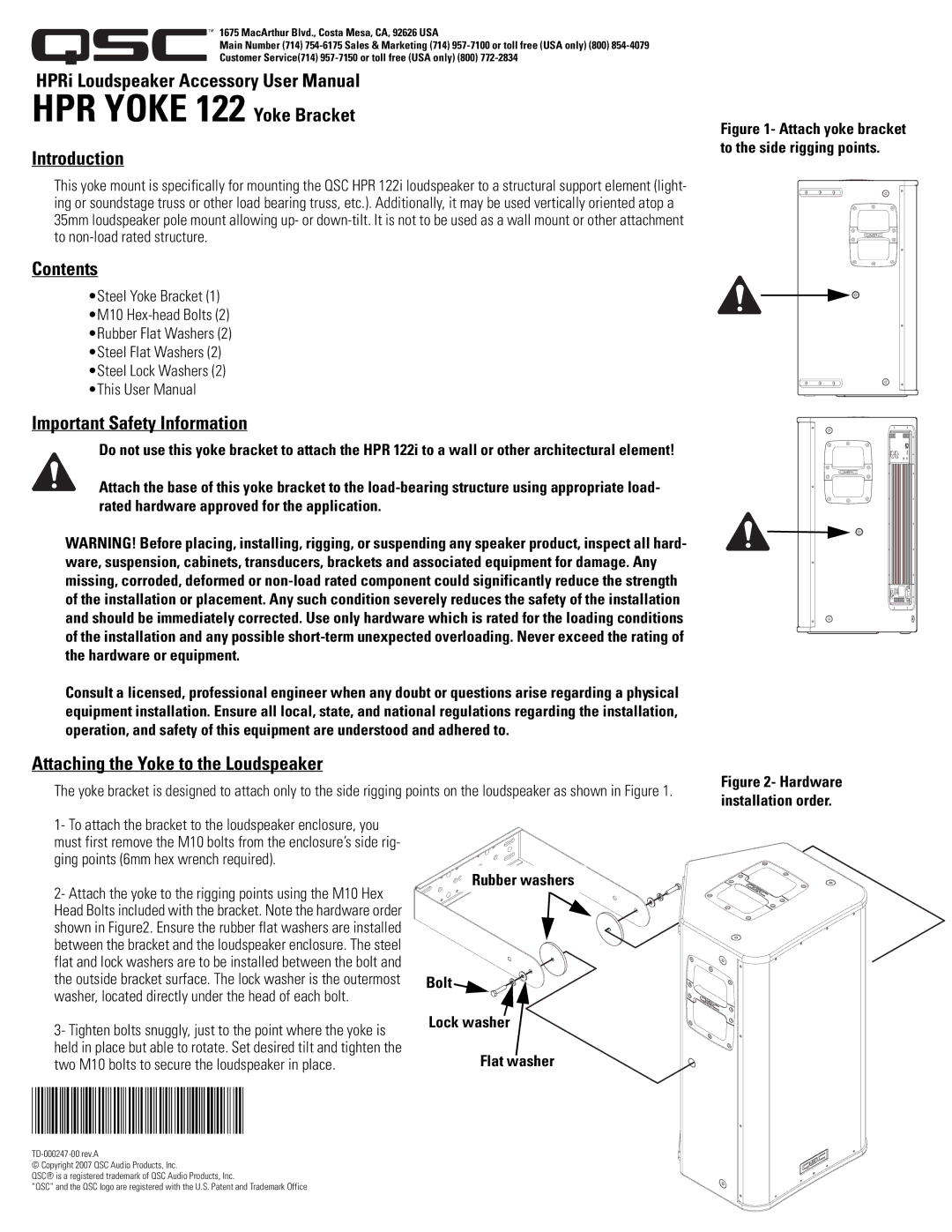 QSC Audio 122 user manual Introduction, Contents, Important Safety Information, Attaching the Yoke to the Loudspeaker 