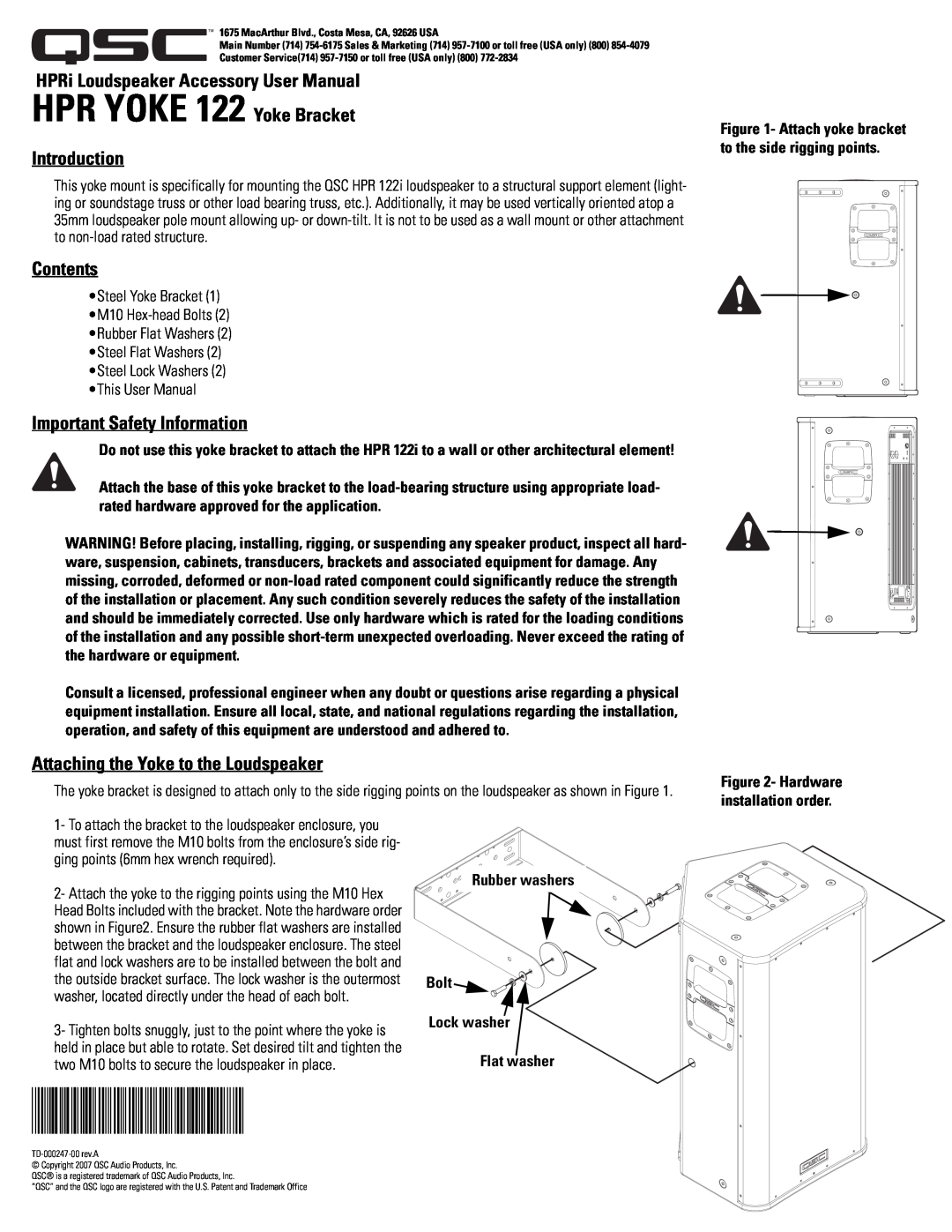 QSC Audio 122 user manual Introduction, Contents, Important Safety Information, Attaching the Yoke to the Loudspeaker 