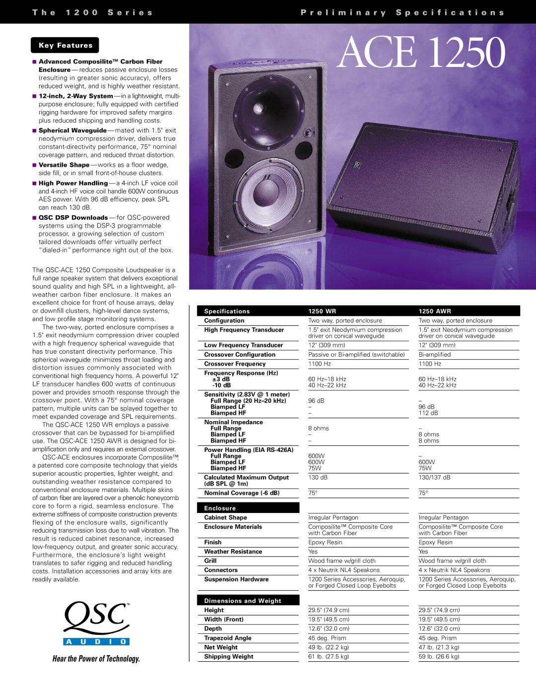 QSC Audio 1250 AWR, 1250 WR specifications Ace, E 1 2 0 0 S e r i e s, E l i m i n a r y Specification s, Key Features 