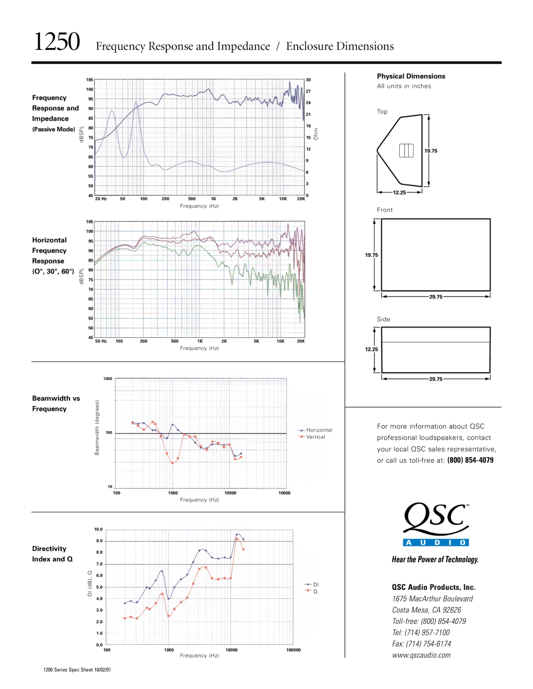 QSC Audio ACE 1250, 1250 WR, 1250 AWR Frequency Response and Impedance / Enclosure Dimensions, QSC Audio Products, Inc 