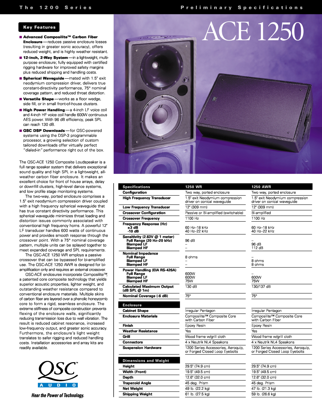 QSC Audio 1250 AWR, 1250 WR, ACE 1250 specifications Hear the Power of Technology, T h e 1 2 0 0 S e r i e s, Key Features 