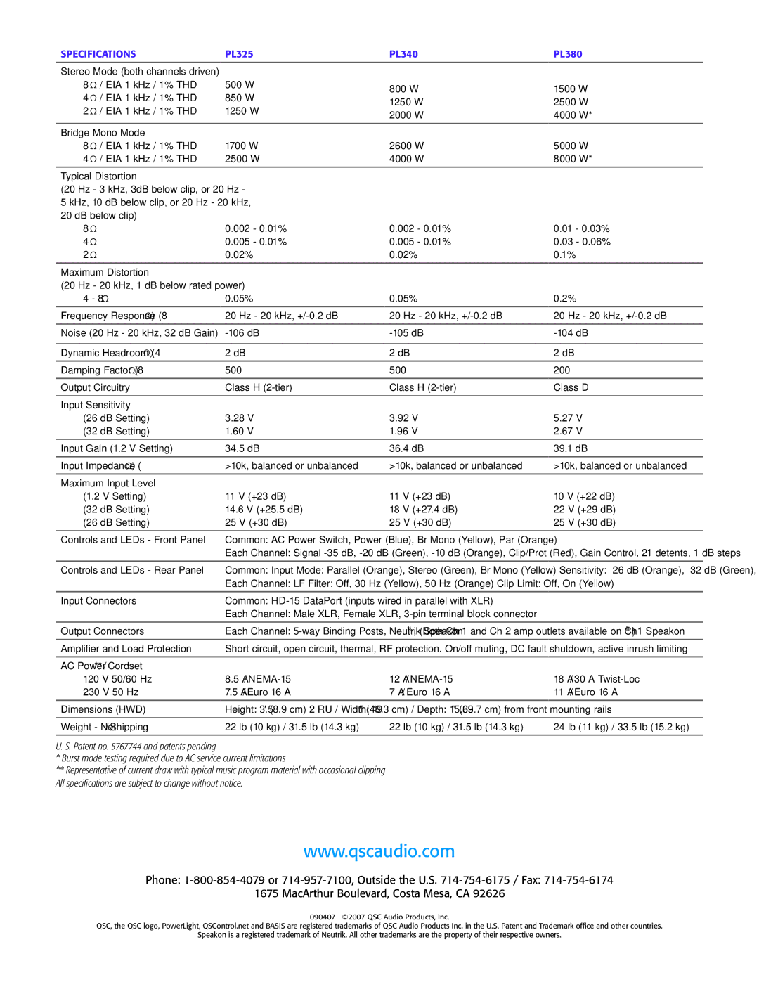 QSC Audio 3 Series manual Specifications 