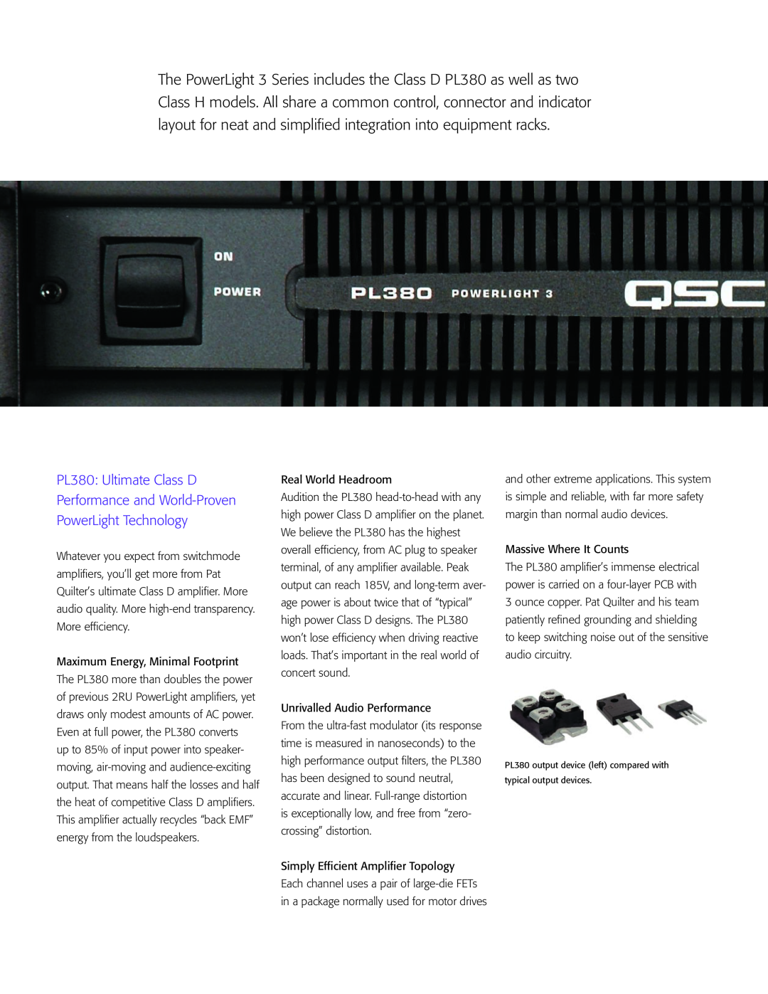 QSC Audio 3 Series manual PL380 Ultimate Class D, Performance and World-Proven, PowerLight Technology, Real World Headroom 
