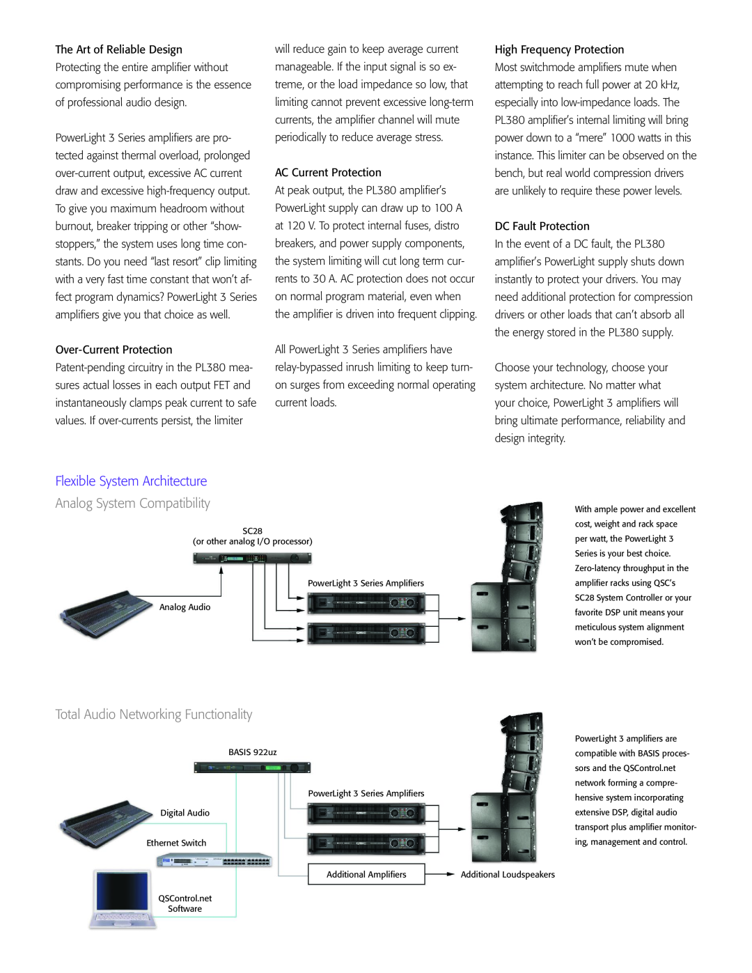 QSC Audio 3 Series manual Flexible System Architecture, Analog System Compatibility, Total Audio Networking Functionality 