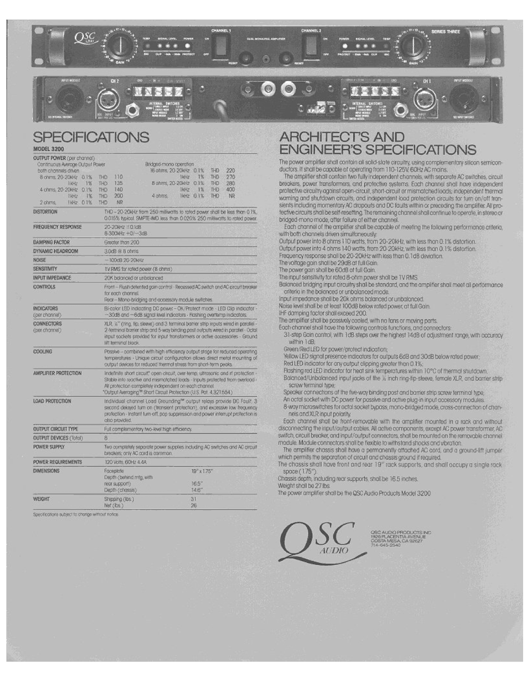 QSC Audio 3200 manual 