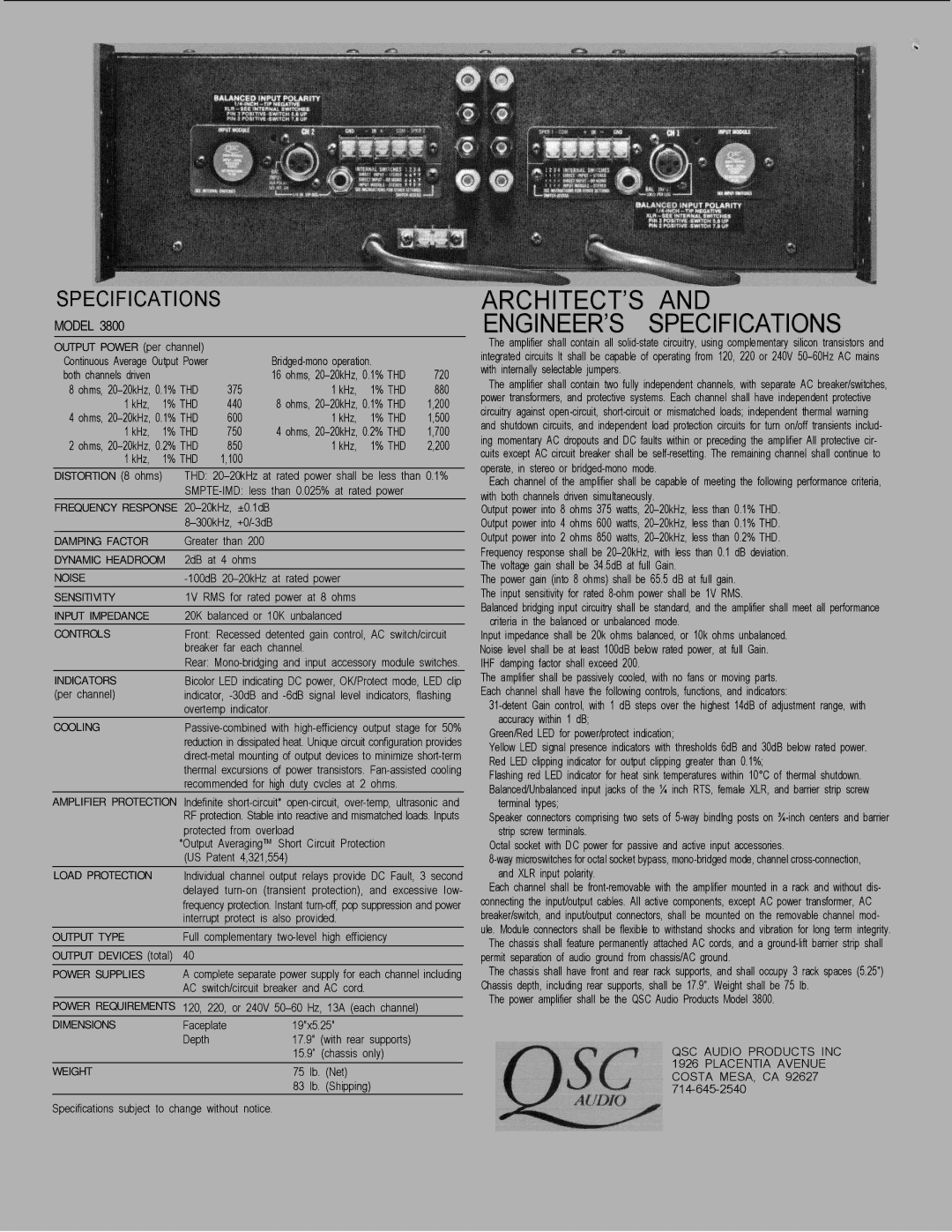 QSC Audio 3800 Damping Factor, Dynamic Headroom, Noise, Input Impedance, Controls, Indicators, Cooling, Output Type 