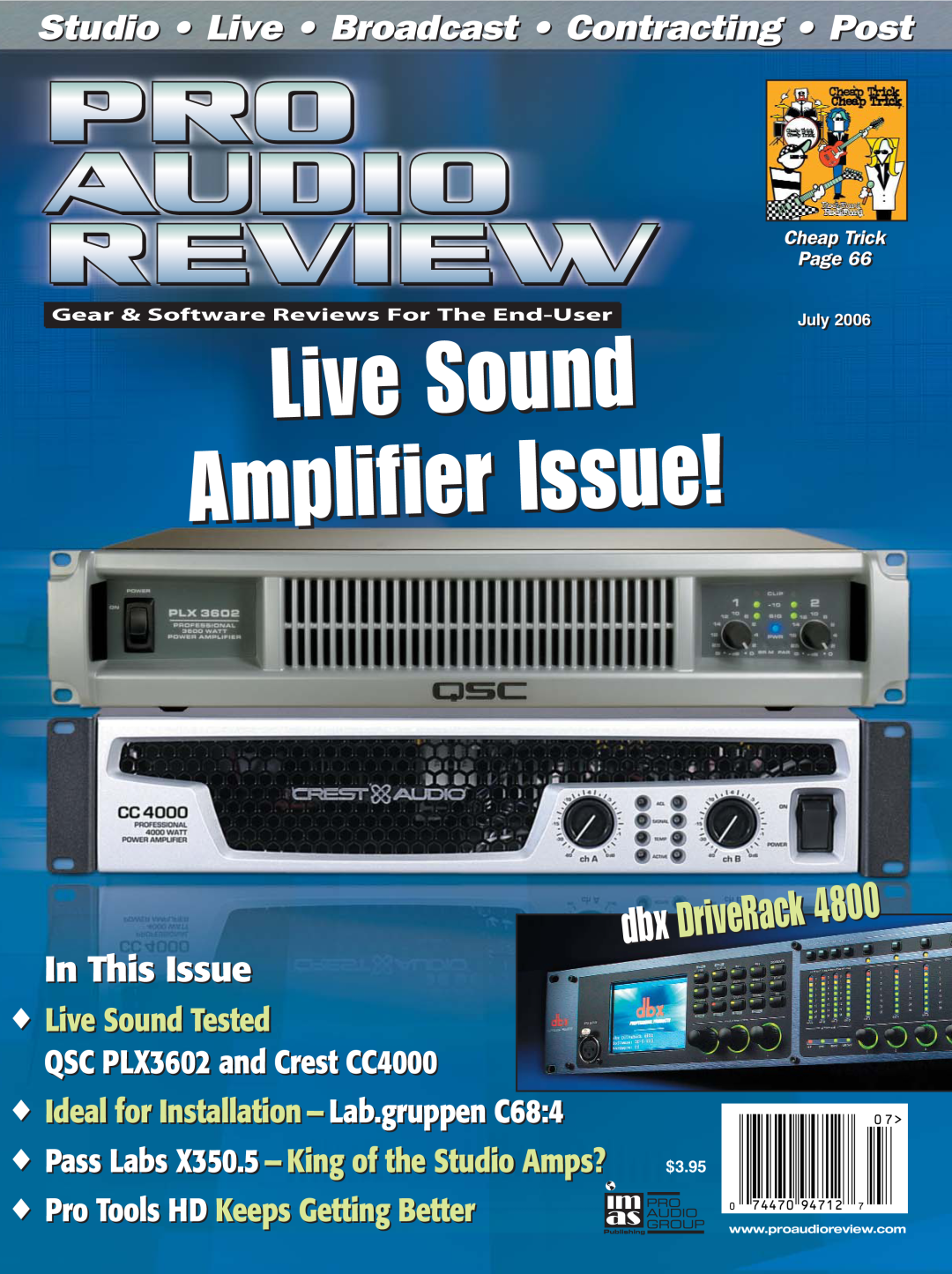 QSC Audio 4800 manual Live Sound, Amplifier Issue, Studio Live Broadcast Contracting Post, In This Issue, dbx DriveRack 