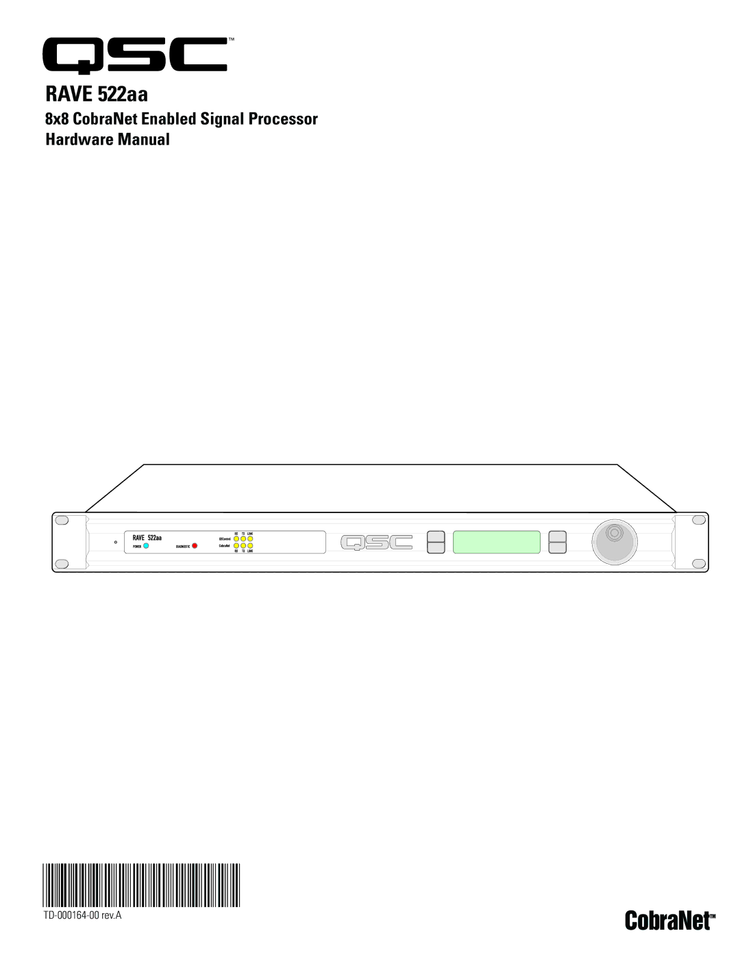 QSC Audio 522AA manual TD-000164-00, 8x8 CobraNet Enabled Signal Processor Hardware Manual 