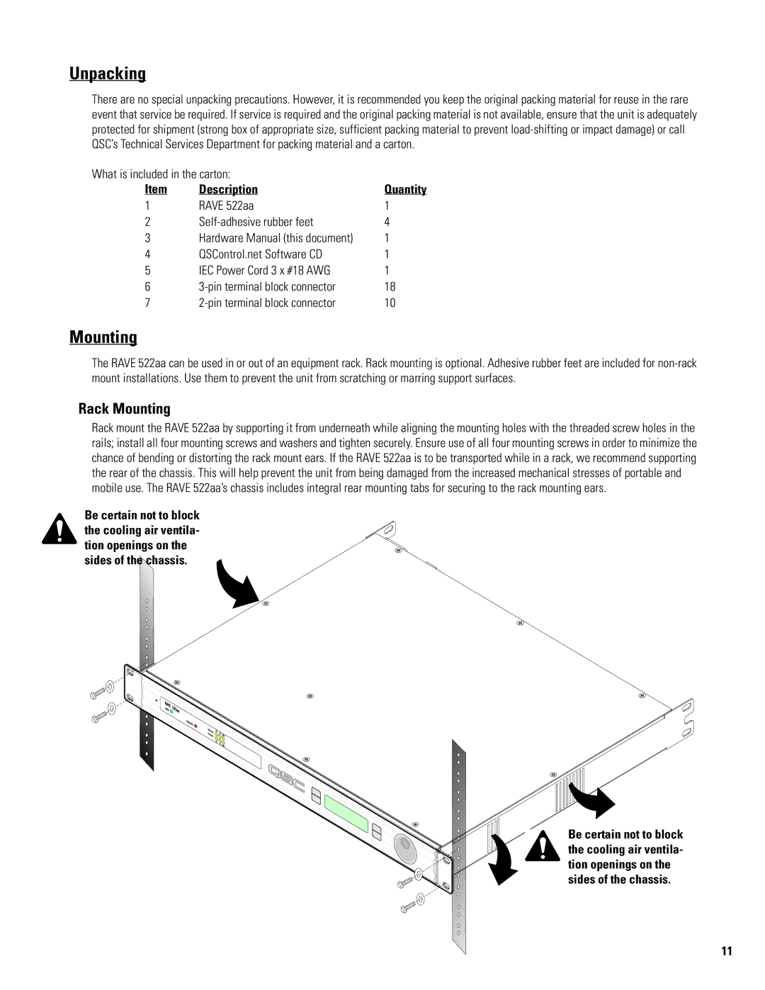 QSC Audio 522AA manual Unpacking, Rack Mounting, Description 