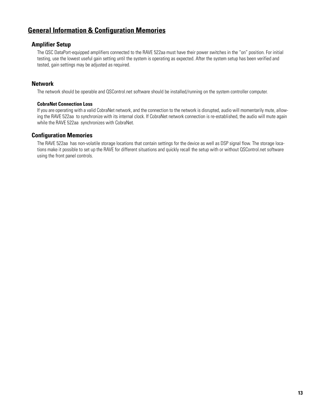 QSC Audio 522AA manual General Information & Configuration Memories, Amplifier Setup, Network, CobraNet Connection Loss 